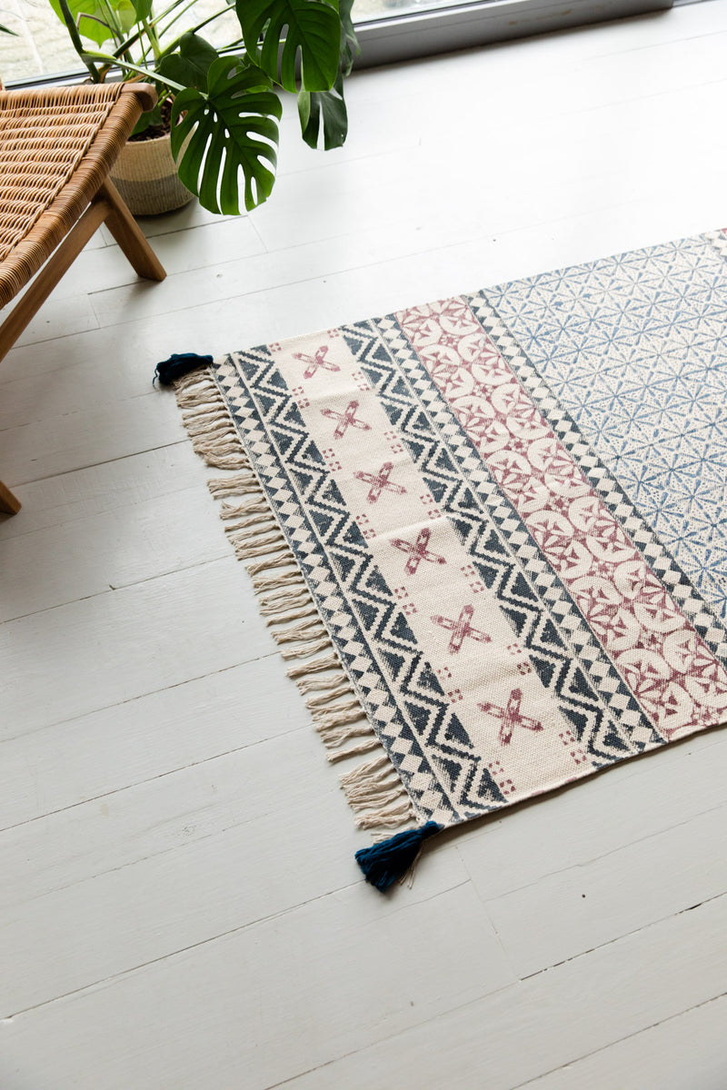 Blue, Grey & Dusty Pink Hand Block Printed Cotton Rug