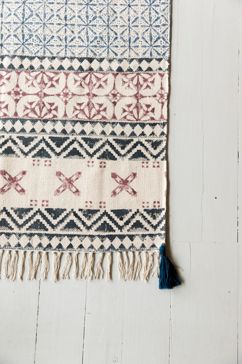 Blue, Grey & Dusty Pink Hand Block Printed Cotton Rug
