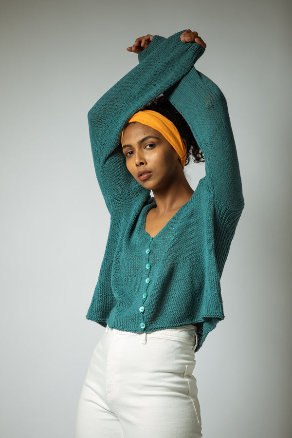 The Hand Knitted Organic Cotton Cardigan in Turquoise
