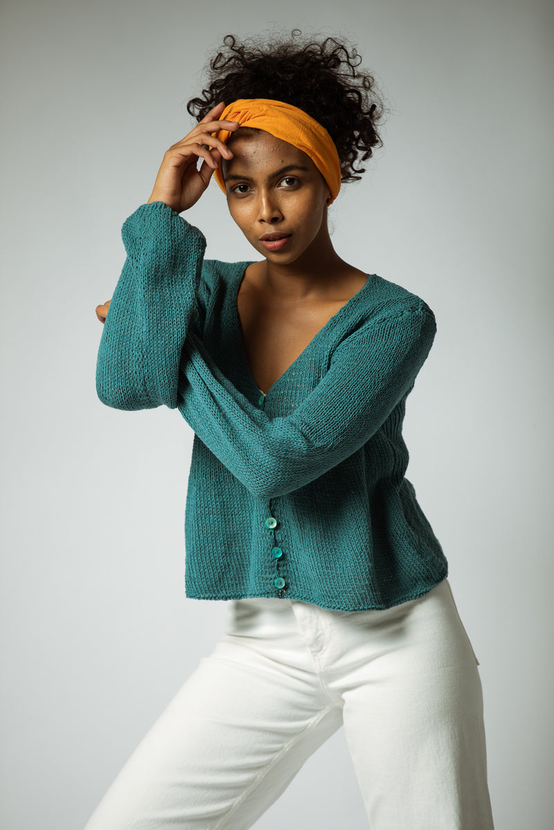 The Hand Knitted Organic Cotton Cardigan in Turquoise