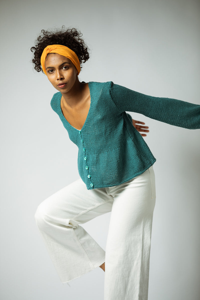 The Hand Knitted Organic Cotton Cardigan in Turquoise