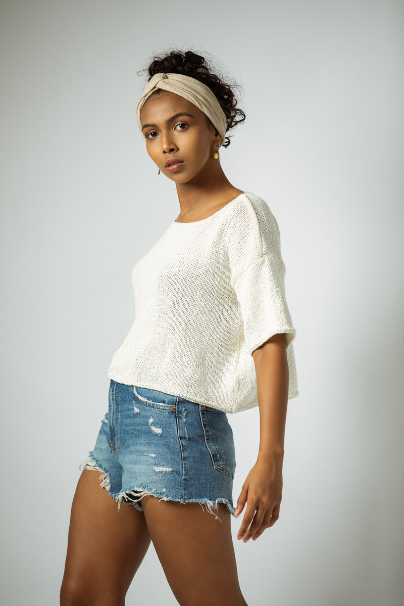 Hand Knitted Cotton Top in White