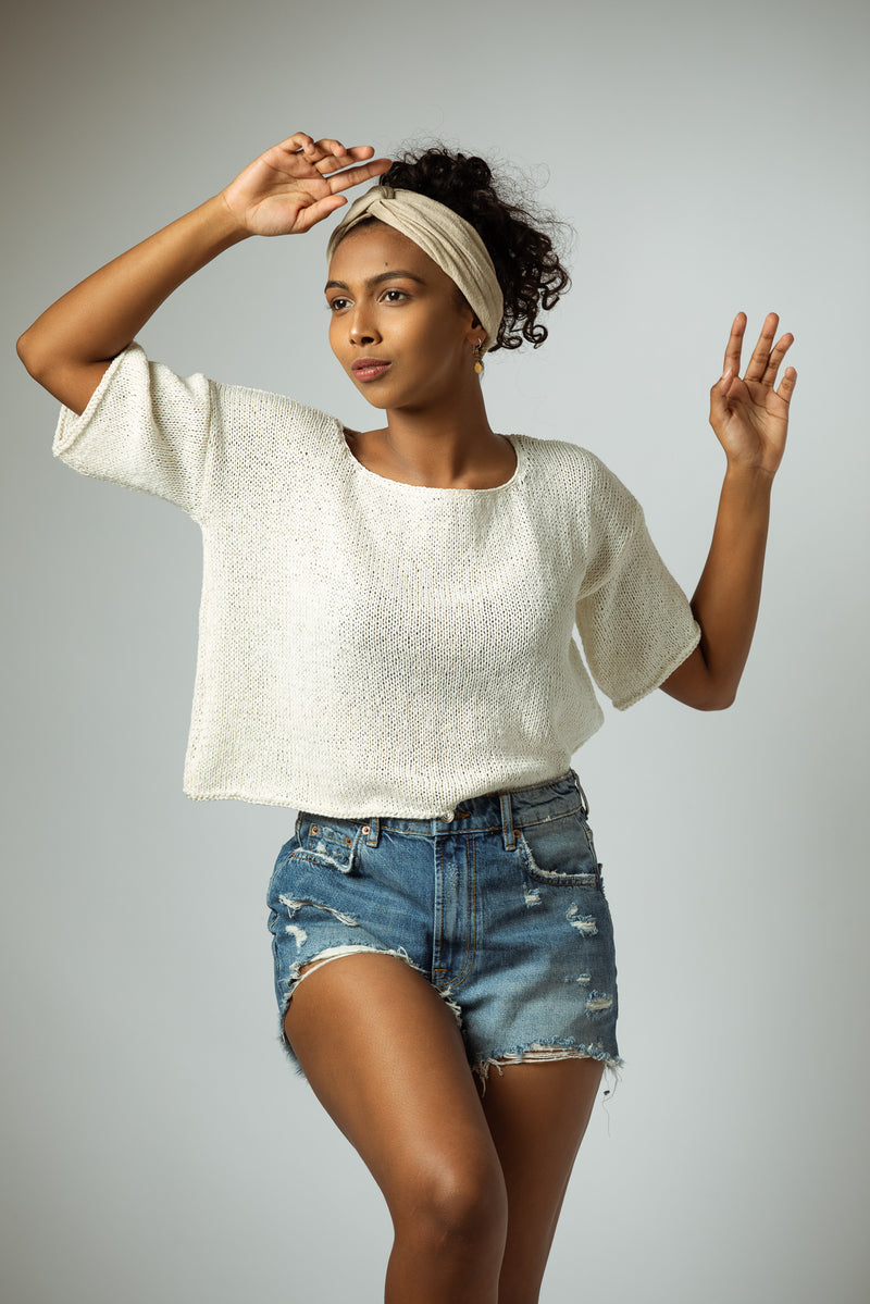 Hand Knitted Cotton Top in White