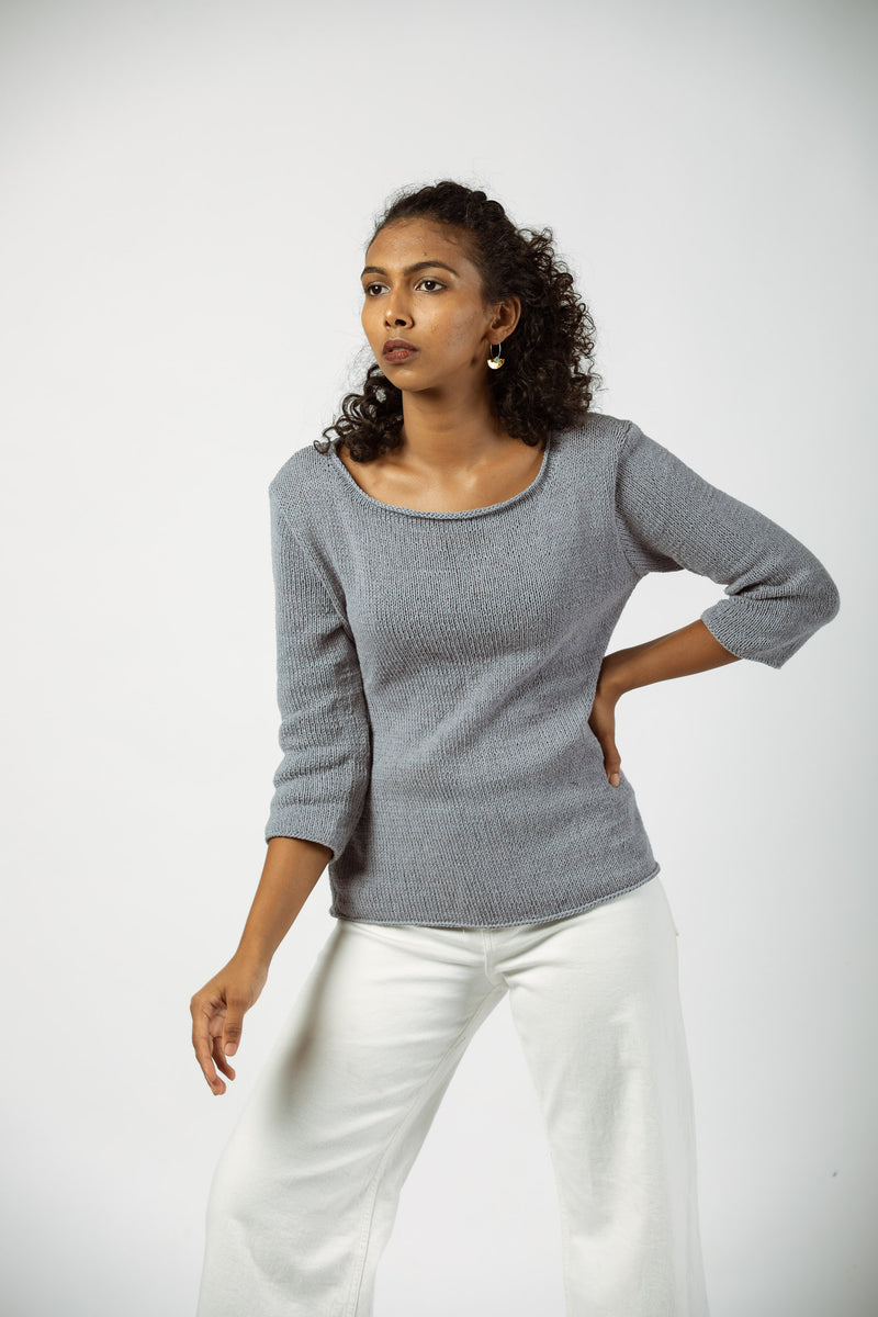 Hand Knitted Organic Cotton Sweater in Soft Blue
