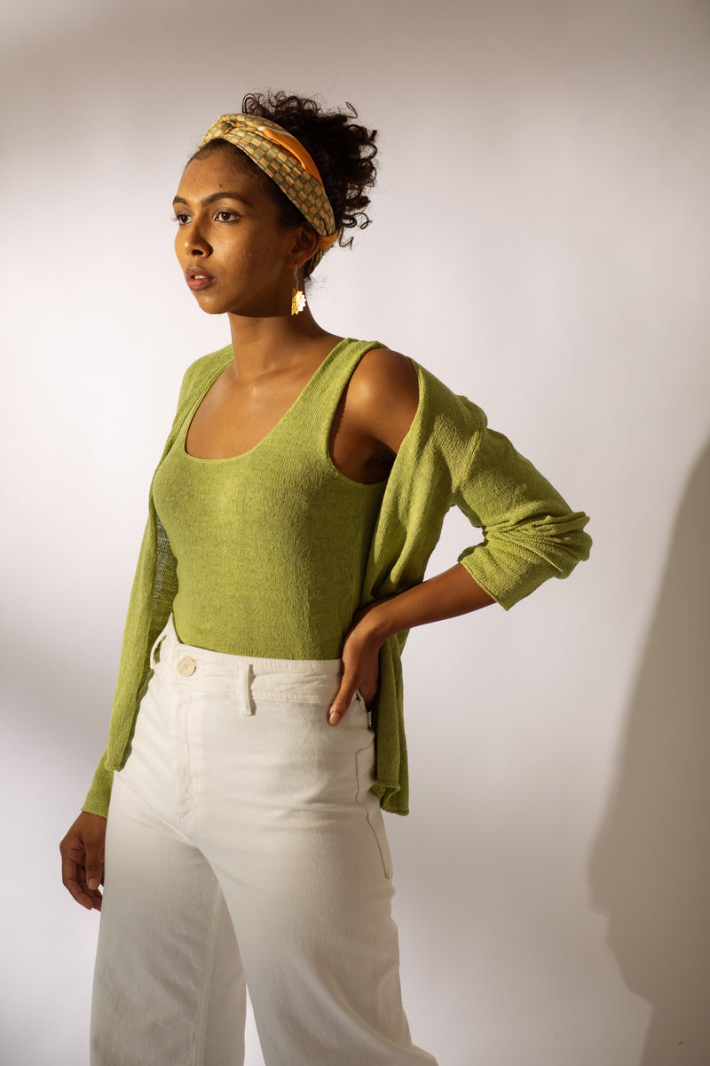 The Knitted Silk Cardigan in Herbal Green