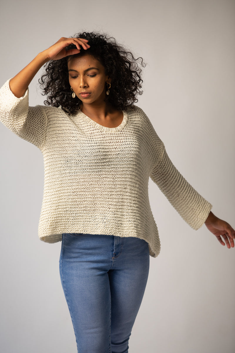 The White Chunky Knit Boxy Sweater in Organic Cotton