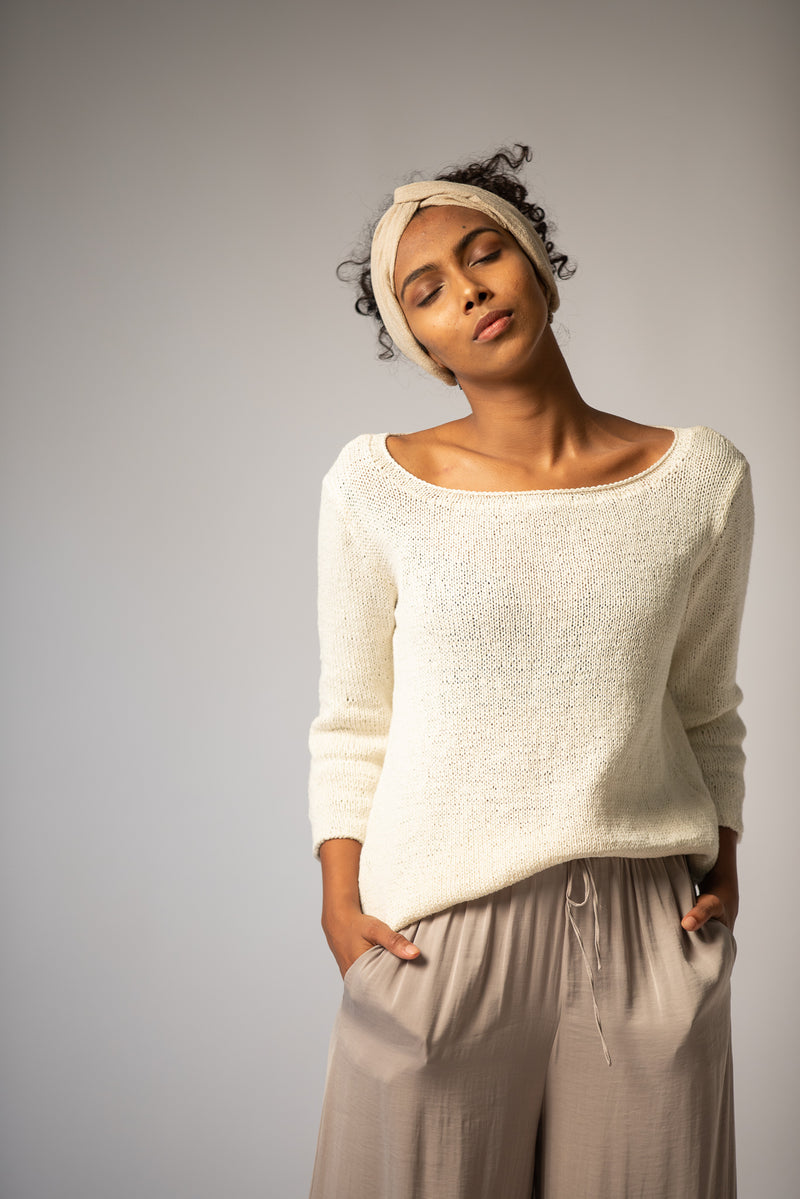 Hand Knitted Organic Cotton Sweater in White