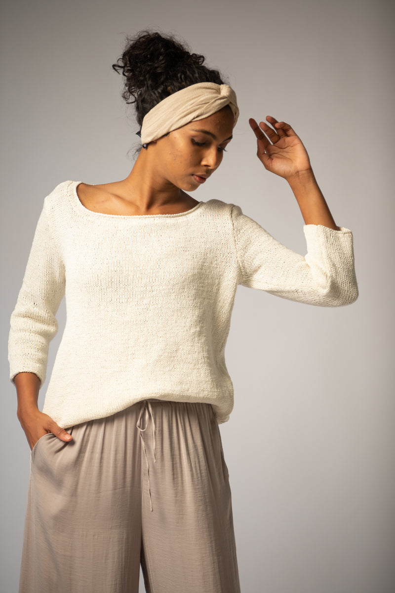 Hand Knitted Organic Cotton Sweater in White