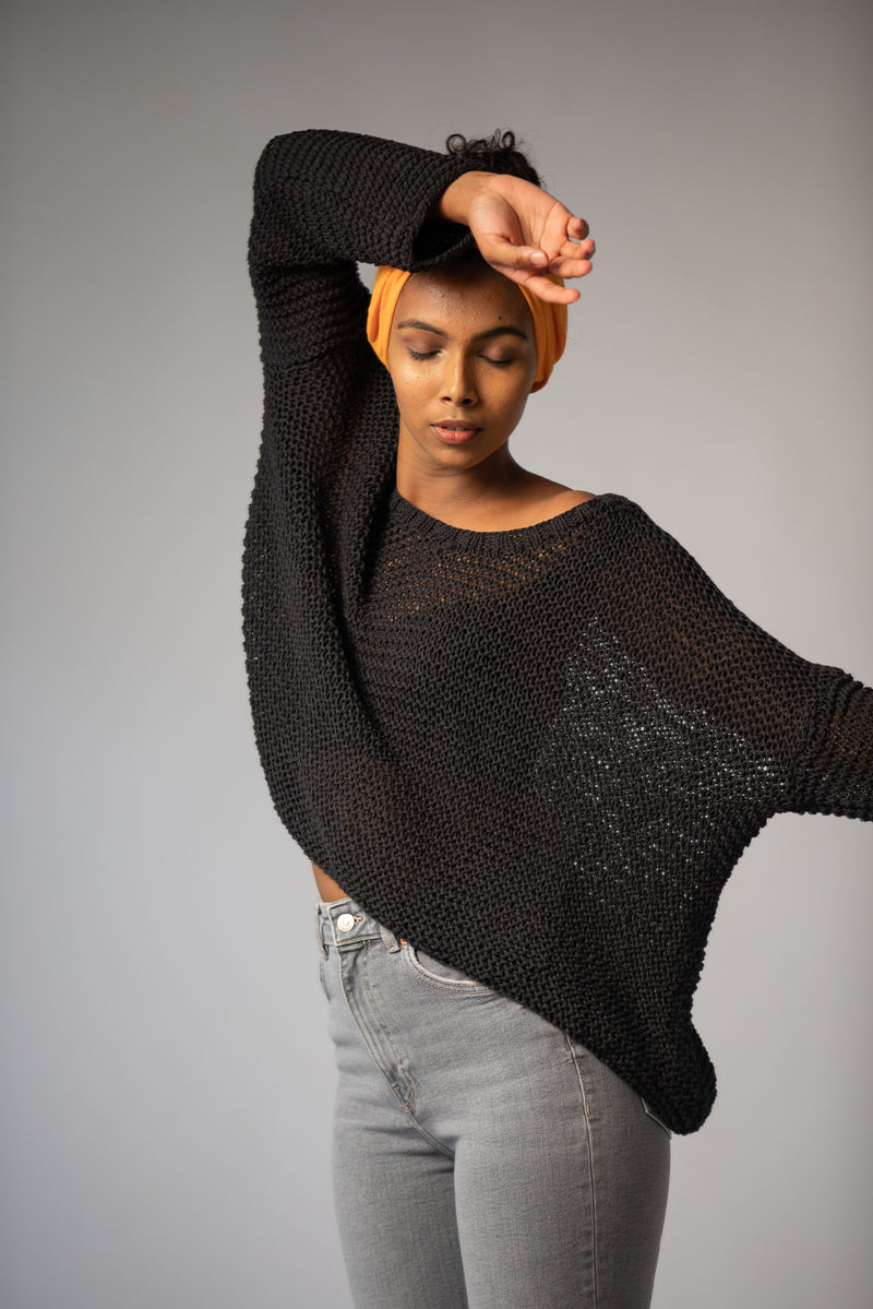 The Black Chunky Knit Boxy Sweater in Organic Cotton