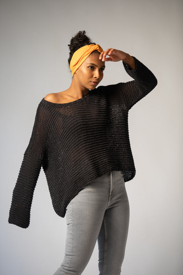 The Black Chunky Knit Boxy Sweater in Organic Cotton